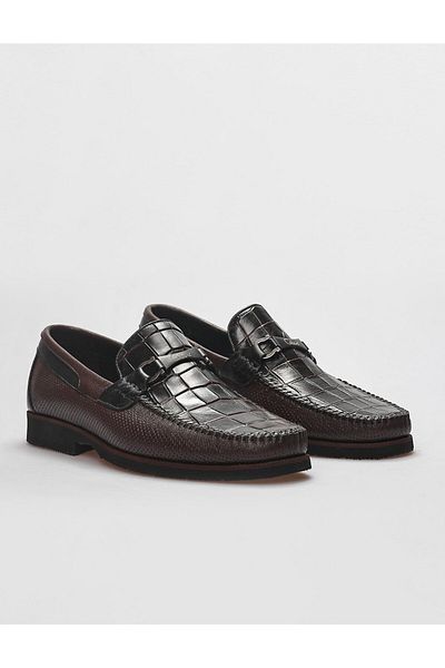 Cabani Genuine Leather Brown Crocodile Detailed Men's Classic Shoes