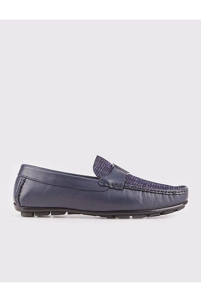 Cabani Genuine Leather Navy Blue Men's Shoes with Rubber Sole