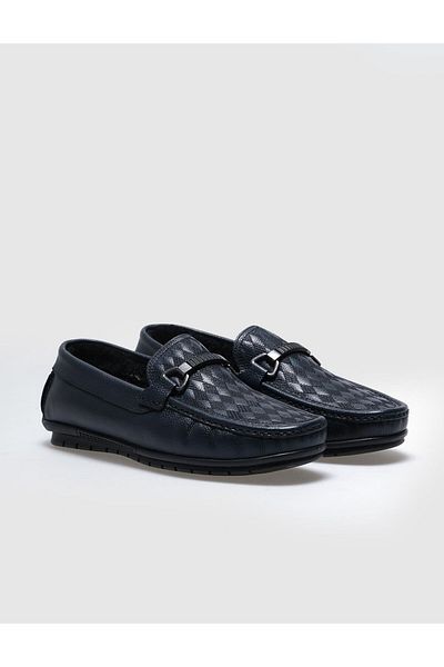 Cabani Genuine Leather Navy Blue Fur Men's Loafer