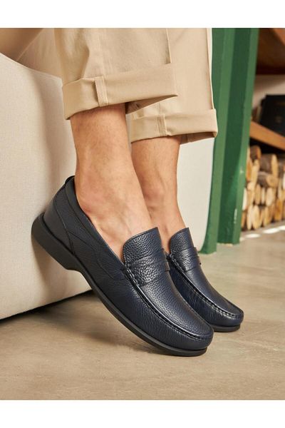 Cabani Genuine Leather Navy Blue Moccasin Men's Casual Shoes