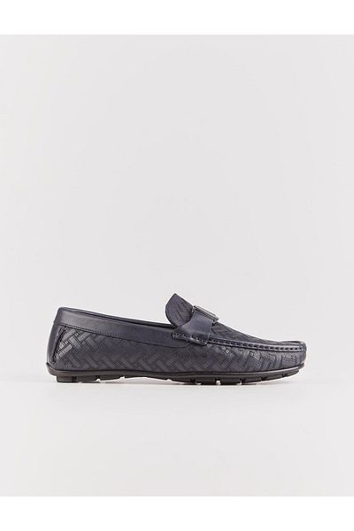Cabani Genuine Leather Rubber Sole Navy Blue Men's Loafer Shoes