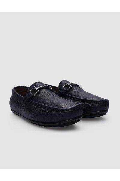 Cabani Navy Blue Genuine Leather Buckle Men's Loafer