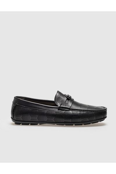 Cabani Black Patterned Genuine Leather Men's Loafer - Buckle