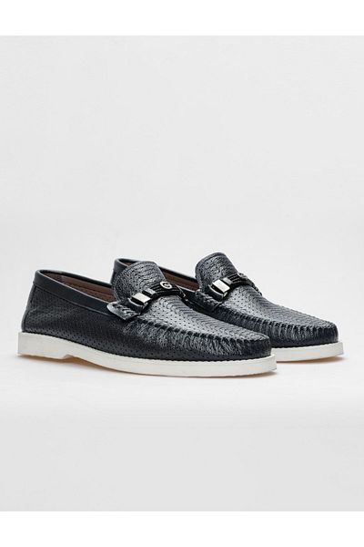 Cabani Genuine Leather Navy Blue Laser Detailed Men's Loafer