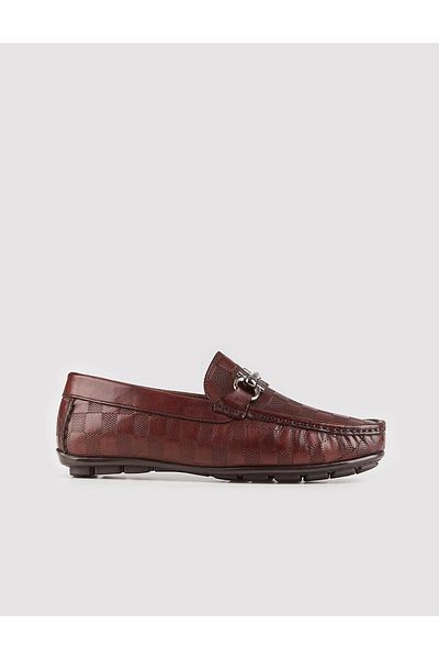 Cabani Genuine Leather Brown Plaid Detailed Men's Loafer Shoes