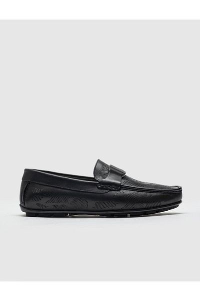 Cabani Camouflage Motif Genuine Leather Black Men's Loafer