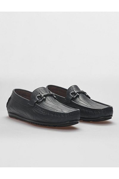 Cabani Genuine Leather Navy Blue Buckle Detailed Men's Loafer