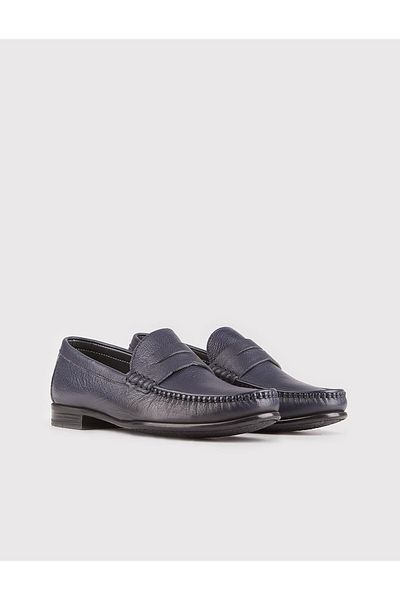 Cabani Men's Genuine Leather Rubber Sole Navy Blue Loafer Shoes