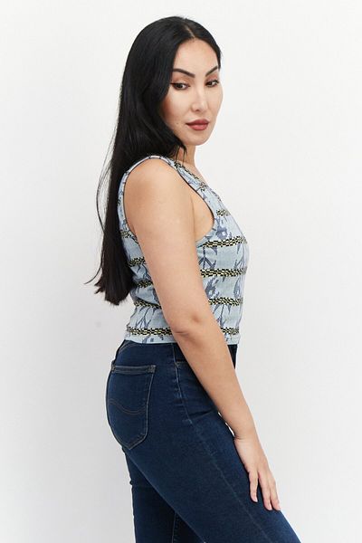 Obey Women Round Neck Sleeveless Textured Top, Blue Combo