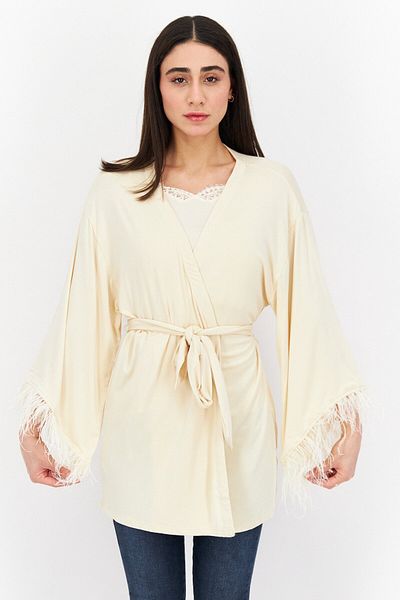 Weworewhat Women Open Front Long Sleeve Feathers Casual Blazer, Ivory