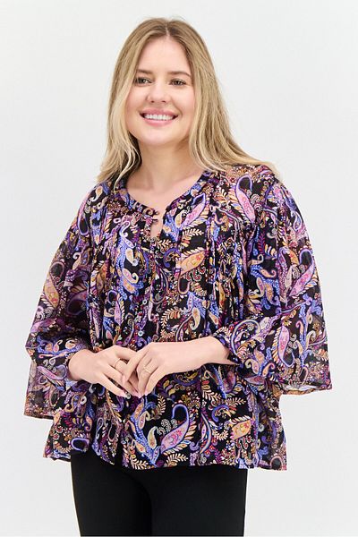 Sundry Women Round Neck Allover 3/4 Sleeve Printed Top, Black