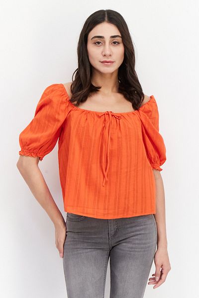 Sanctuary Women Square Neck Puffed Sleeve Crop Top, Red