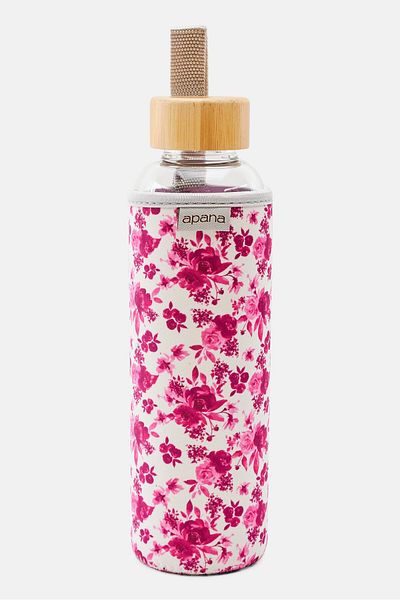 Apana Floral Printed Glass Water Bottle 560 Ml, Pink/transparent