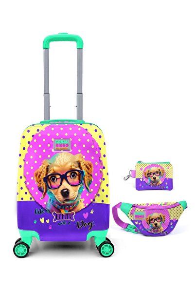 Coral High Kız Çocuk Sarı Pembe Köpek Desenli Valiz Bel Çantası ve Bozuk Para...