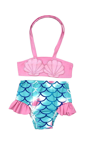 Lolliboomkids Kız Çocuk Mermaid - Deniz Kızı Midye Tasarım Desenli Fırfır Detaylı Bikini Takımı Pembe Renk