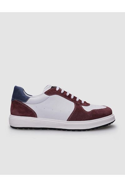 Cabani Men's Sneakers - 100% Genuine Leather, White, Burgundy Lace-up