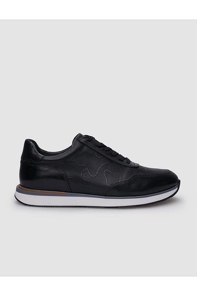Cabani Black Patterned 100% Genuine Leather Men's Sneakers - Lace-up