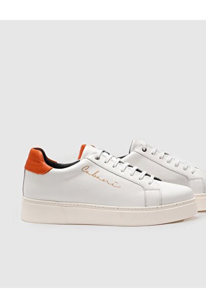 Cabani Hakiki Deri Beyaz-Turuncu Bağcıklı Erkek Spor Ayakkabı