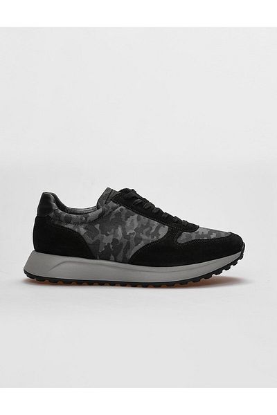 Cabani Genuine Leather Black Camouflage Lace-Up Men's Sports Shoes