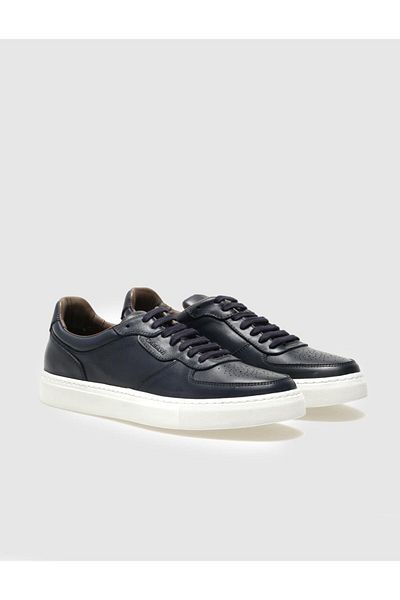 Cabani Genuine Leather Navy Blue Lace-Up Men's Sports Shoes