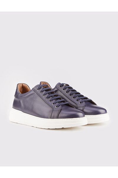 Cabani Men's White Sole Genuine Leather Navy Blue Lace-up Sneakers
