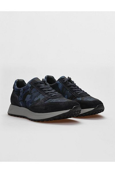 Cabani Genuine Leather Navy Blue Camouflage Lace-Up Men's Sports Shoes
