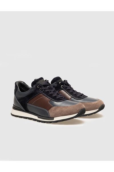 Cabani Genuine Leather Navy Blue Fur Lace-Up Men's Sports Shoes