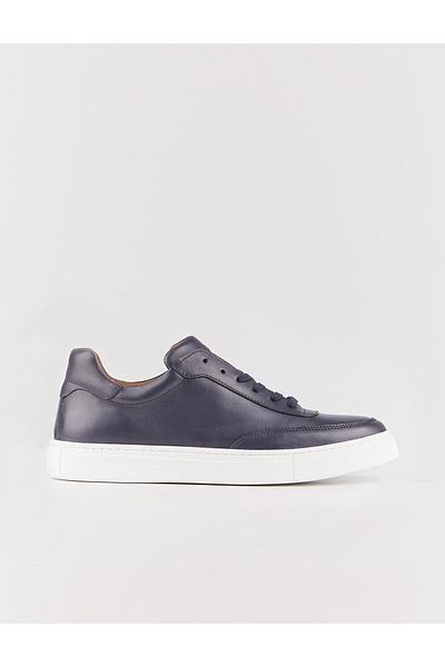Cabani White Sole Genuine Leather Navy Blue Lace-Up Men's Sports Shoes