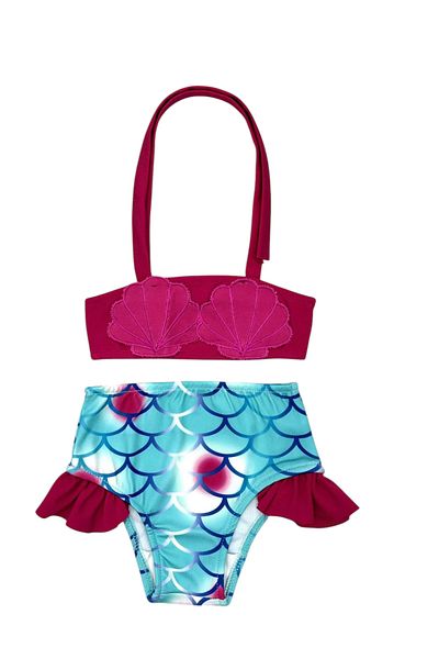 Lolliboomkids Set de bikini sirenă pentru fete de culoare roz - Design cu midii și detaliu cu volane