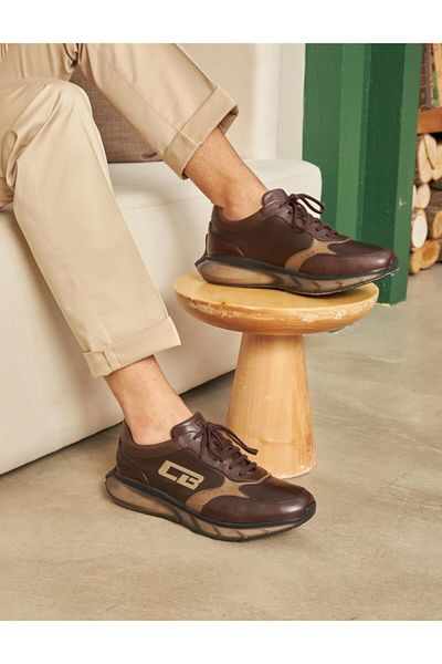 Cabani Light Eva Sole Genuine Leather Brown Lace-Up Men's Sports Shoes