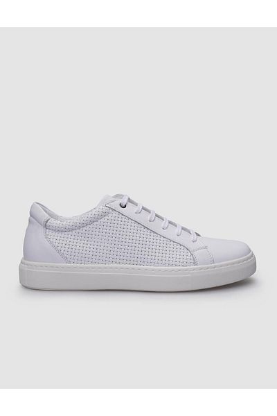 Cabani White Patterned 100% Genuine Leather Men's Sneakers - Lace-up