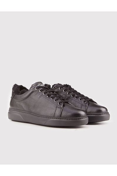 Cabani Genuine Leather Black Lace-Up Fur Men's Sports Shoes