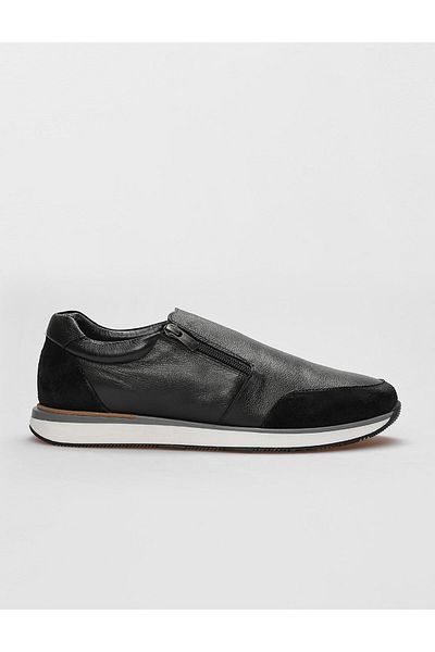 Cabani Genuine Leather Black Fur Zippered Men's Sports Shoes
