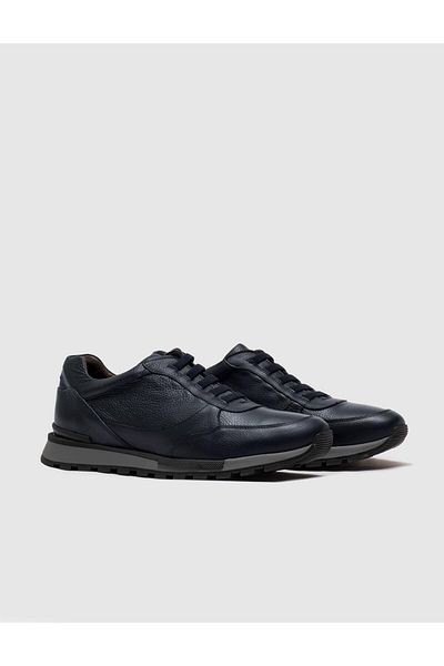 Cabani Genuine Leather Navy Blue Lace-Up Men's Sports Shoes