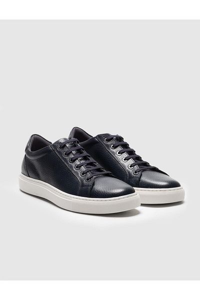 Cabani Genuine Leather Navy Blue Lace-Up Men's Sneakers