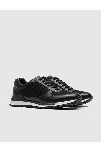 Cabani Genuine Leather Black Lace-Up Men's Sports Shoes