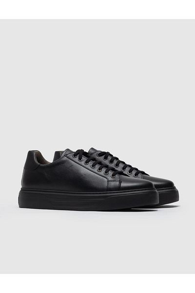 Cabani Genuine Leather Black Lace-Up Text Motif Men's Sports Shoes