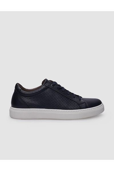 Cabani Navy Blue Patterned 100% Genuine Leather Men's Sneakers - Lace-up