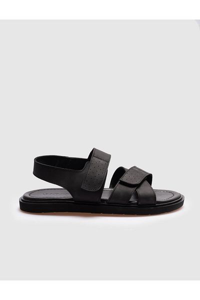 Cabani Genuine Leather Black Velcro Men's Daily Sandals