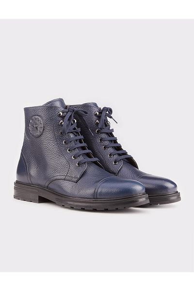 Cabani Genuine Leather Navy Blue Lace-up Zippered Men's Casual Boots