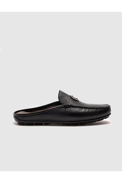 Cabani Genuine Leather Black Buckle Men's Slippers