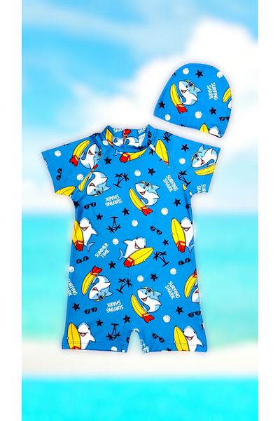Lolliboomkids Children's Short Sleeve Sensitive Skin Sun Protection Surfer Shark Theme Swimsuit Bonnet Suit