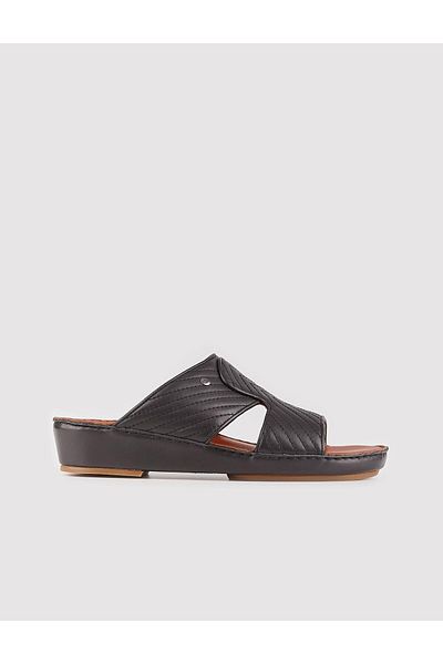 Cabani Men's Genuine Leather Black Slippers with Stitching Detail