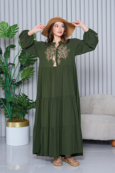 BeyzaBayram Women's Khaki Sequined Plus Size Viscose Long Dress A2065