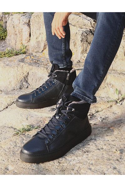 Cabani Genuine Leather Navy Blue Fur Men's Casual Boots
