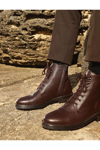 Cabani Genuine Leather Brown Lace-up Zippered Men's Winter Casual Boots