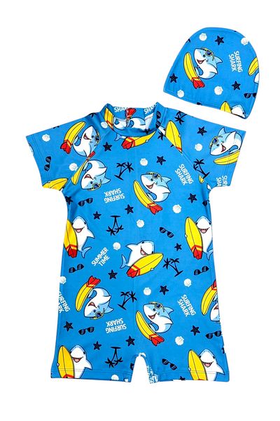 Lolliboomkids Children's Short Sleeve Sensitive Skin Sun Protection Surfer Shark Theme Swimsuit Bonnet Suit