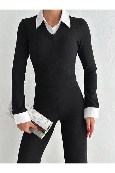 Cistern İstanbul Women's Black Shirt Collar Detailed Bottom Top Set