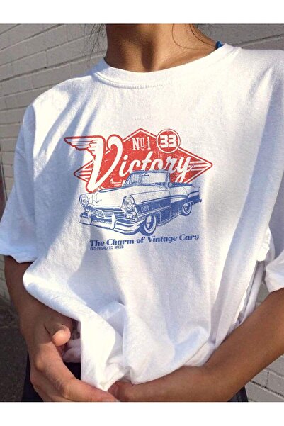 ALİKA Tricou oversize cu imprimeu Victorie alb pentru femei