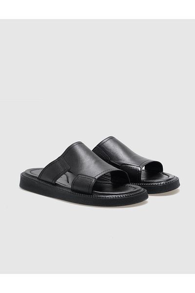 Cabani Genuine Leather Black Men's Casual Slippers
